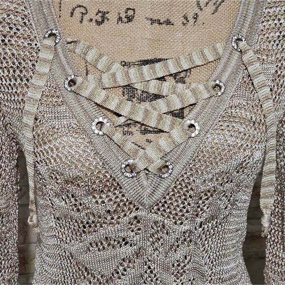 Inc Metallic Gold Thread Asymmetrical Hem Laced Front Sweater Cover Up Med - Picture 7 of 8